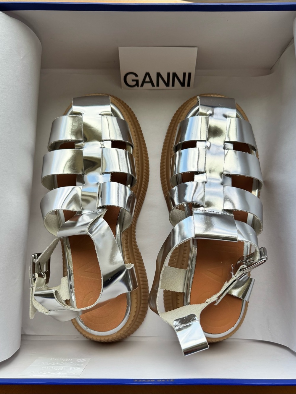 Ganni Silver Metallic Creeper 55mm Cage Strap Leather Fisherman-Style Sandals